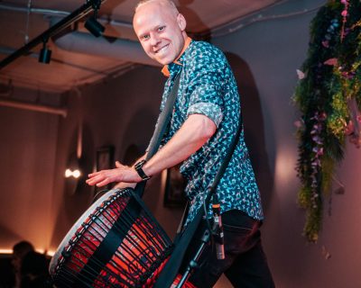 Drummer Siim Koppel playing African drum Djembet in Tallinn Butterfly lounge